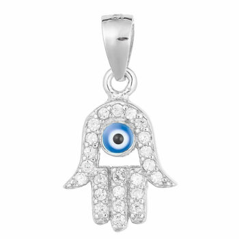 (P399) Rhodium Plated Sterling Silver Blue Hand Of Fatima Evil Eye Pendant