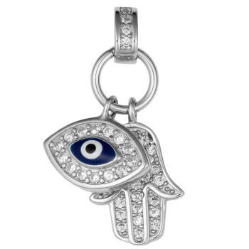 (P407) Rhodium Plated Sterling Silver Blue Evil Eye With Hand CZ Pendant