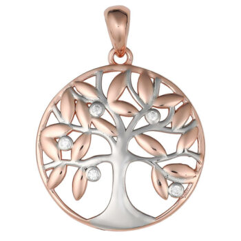 (P409) Rhodium Plated Sterling Silver CZ Tree Of Life Pendant