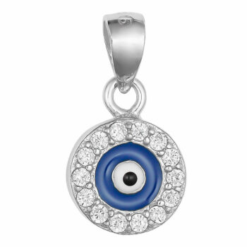 (P414) Rhodium Plated Sterling Silver Blue Round CZ Evil Eye Pendant