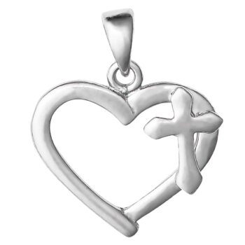 (P419) Rhodium Plated Sterling Silver Heart With Cross Pendant - 17x14mm