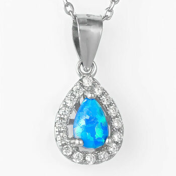 (PMS101B) Rhodium Plated Sterling Silver Blue Pear Created Opal And CZ Pendant - 8X10mm