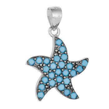 (PMS107) Rhodium Plated Sterling Silver Turquoise Star Fish CZ Pendant