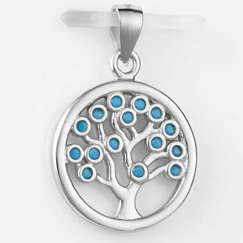 (PMS109) 14mm Rhodium Plated Sterling Silver Turquoise Blue Round Tree Of Life Pendant