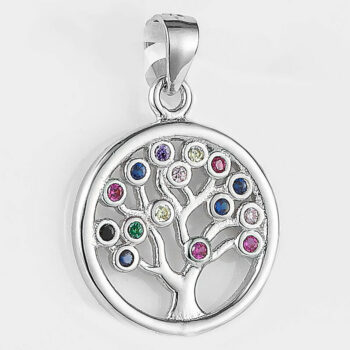 (PMS109MX) 14mm Rhodium Plated Sterling Silver Rainbow CZ Tree of Life Pendant