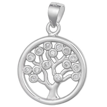 (PMS109W) 14mm Rhodium Plated Sterling Silver Tree Of Life CZ Pendant