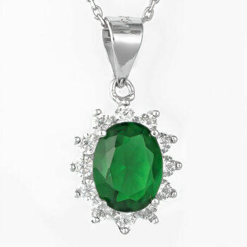 (PMS13G) Rhodium Plated Sterling Silver Green Pendant