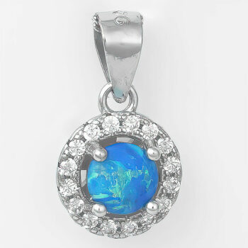 (PMS35) Rhodium Plated Sterling Silver Blue Round Created Opal And CZ Pendant - 9x9mm
