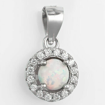 (PMS35W) Rhodium Plated Sterling Silver White Round Created Opal And CZ Pendant - 9x9mm
