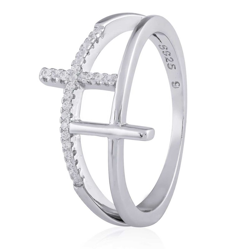 (R162) Double Cross Rhodium Plated Sterling Silver CZ Cross Ring