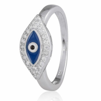 (R293) Blue Rhodium Plated Oval Sterling Silver CZ Evil Eye Ring