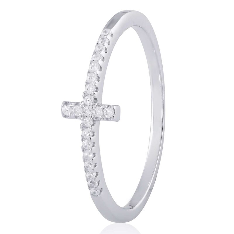 (R294) Rhodium Plated Sterling Silver Cross CZ Ring