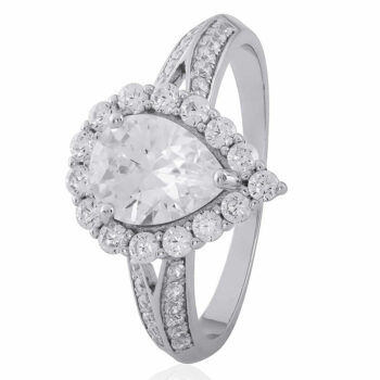 (R303) Pear Shaped Rhodium Plated Sterling Silver CZ Ring