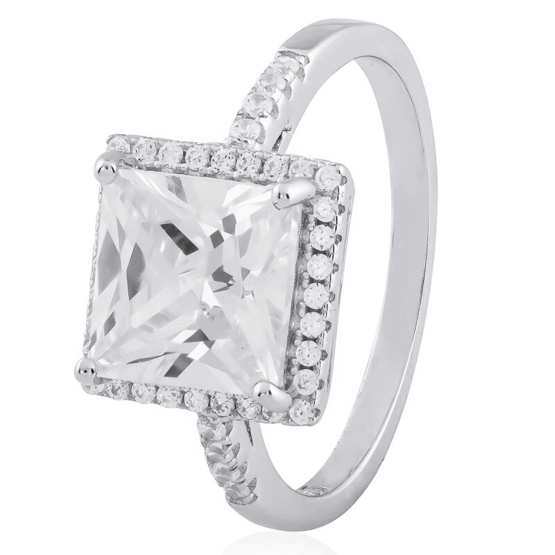 (R306) Princess Square Shaped Rhodium Plated Sterling Silver CZ Ring