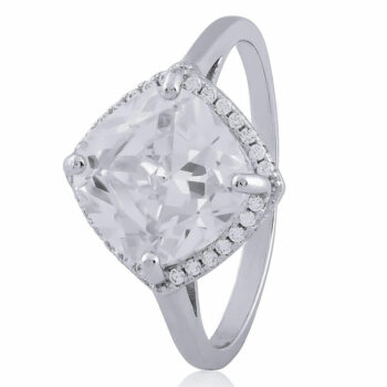 (R307) Square 4 Claw Halo Rhodium Plated Sterling Silver CZ Ring