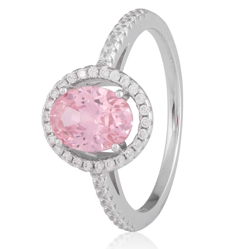 (R315) Pink Rhodium Plated Sterling Silver CZ Halo Ring