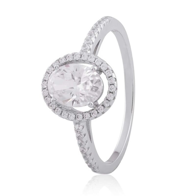 (R316) Halo Oval Rhodium Plated Sterling Silver CZ Ring