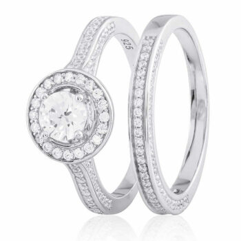 (R319) Round Rhodium Plated Sterling Silver CZ Engagement Ring Set