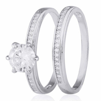 (R320) Rhodium Plated Sterling Silver CZ Engagement Ring Set
