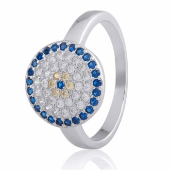 (R347) 12mm Rhodium Plated Sterling Silver Blue White Yellow CZ Evil Eye Ring