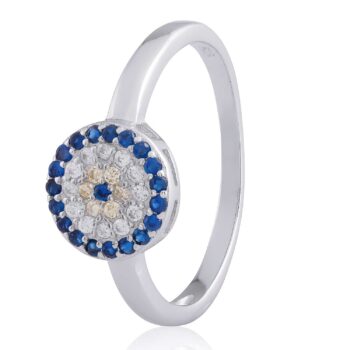 (R357) Rhodium Plated Sterling Silver Round Blue and Yellow CZ Evil Eye Ring