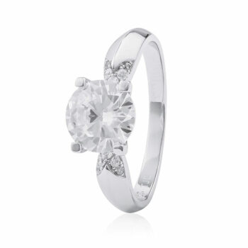 (R373) Round Round 4 Claw Rhodium Plated Sterling Silver CZ Ring