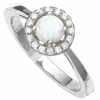 (R379) Rhodium Plated Sterling Silver White Round Created Opal And CZ Ring
