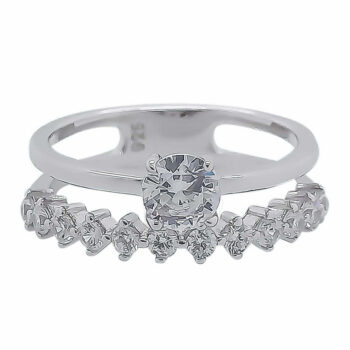 (R387) Rhodium Plated Sterling Silver CZ Double Ring