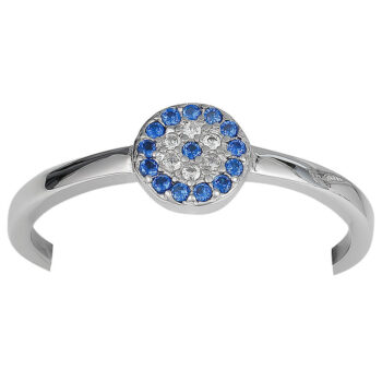 (R421) Rhodium Plated Sterling Silver Round Blue Evil Eye CZ Ring Ring