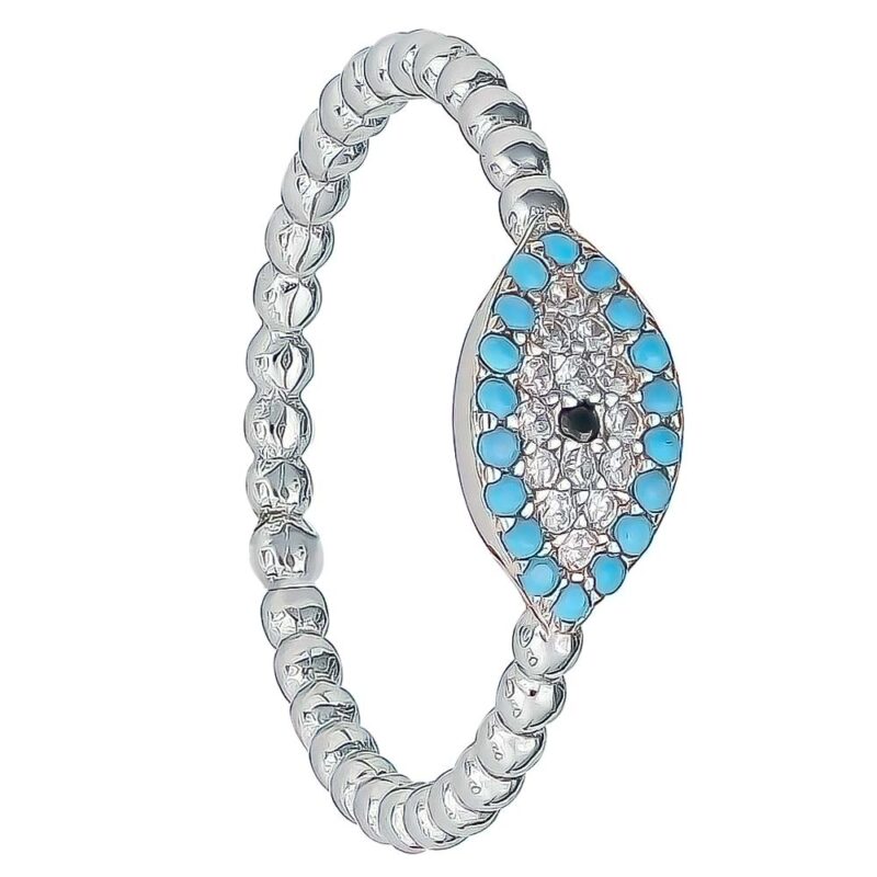 (R422) Rhodium Plated Sterling Silver Oval Turquoise Blue Black Evil Eye CZ Ring With Beaded Band Ring