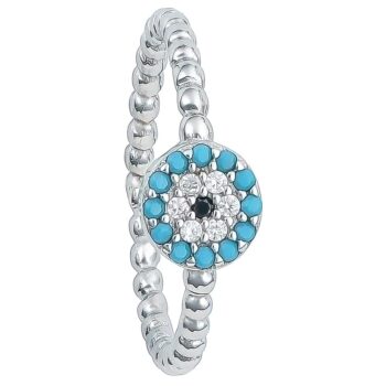 (R423) Rhodium Plated Sterling Silver Turquoise Blue Round Evil Eye Black CZ Ring With Beaded Band Ring