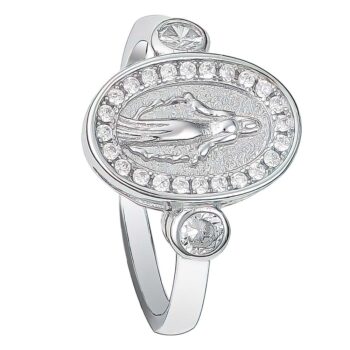(R424) Rhodium Plated Sterling Silver Oval Mary Medallion CZ Ring