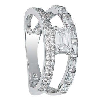 (R429) Rhodium Plated Sterling Silver Baugette and Pave CZ Ring