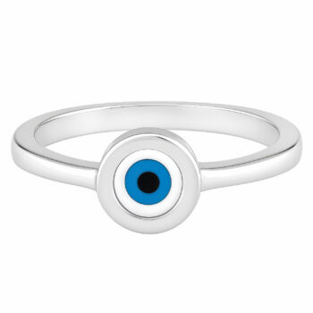 (R431) Rhodium Plated Sterling Silver Mother Of Pearl Blue and White Evil Eye Ring