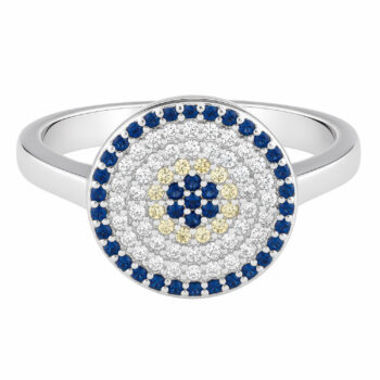 (R433) Rhodium Plated Sterling Silver Blue & Yellow CZ Evil Eye Ring
