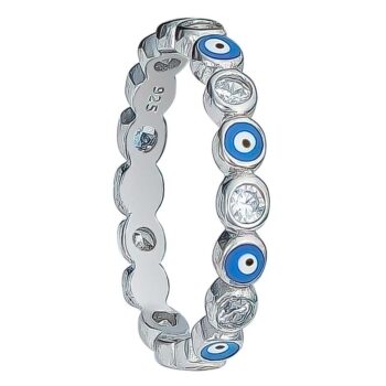 (R436) Rhodium Plated Sterling Silver Round All The Way Light Blue Enamel Evil Eye CZ Ring
