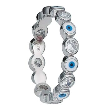 (R437) Rhodium Plated Sterling Silver Evil Eye With Blue and White Enamel CZ Ring