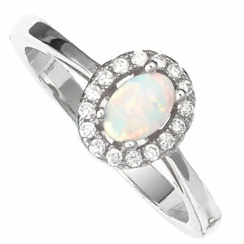 (RMS100W) Rhodium Plated Sterling Silver White Oval Created Opal And CZ Ring