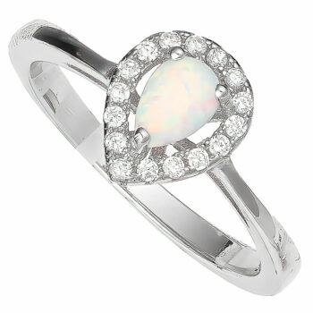 (RMS101W) Rhodium Plated Sterling Silver White Pear Created Opal And CZ Ring