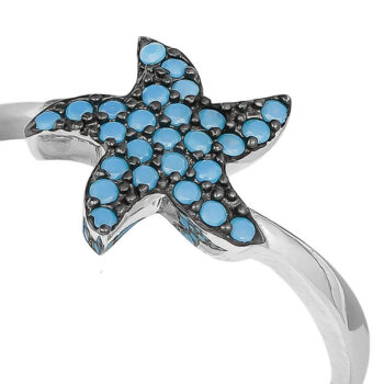 (RMS107) Rhodium Plated Sterling Silver Turquoise Star Fish CZ Adjustable Ring