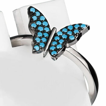 (RMS108) Rhodium Plated Sterling Silver Turquoise Butterfly CZ Adjustable Ring