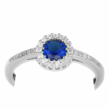 (RMS128) Rhodium Plated Sterling Silver Blue Halo CZ Ring