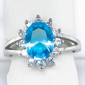 (RMS13A) Rhodium Plated Sterling Silver CZ Ring - Aqua