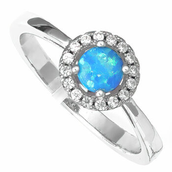 (RMS35) Rhodium Plated Sterling Silver Blue Round Created Opal And CZ Ring