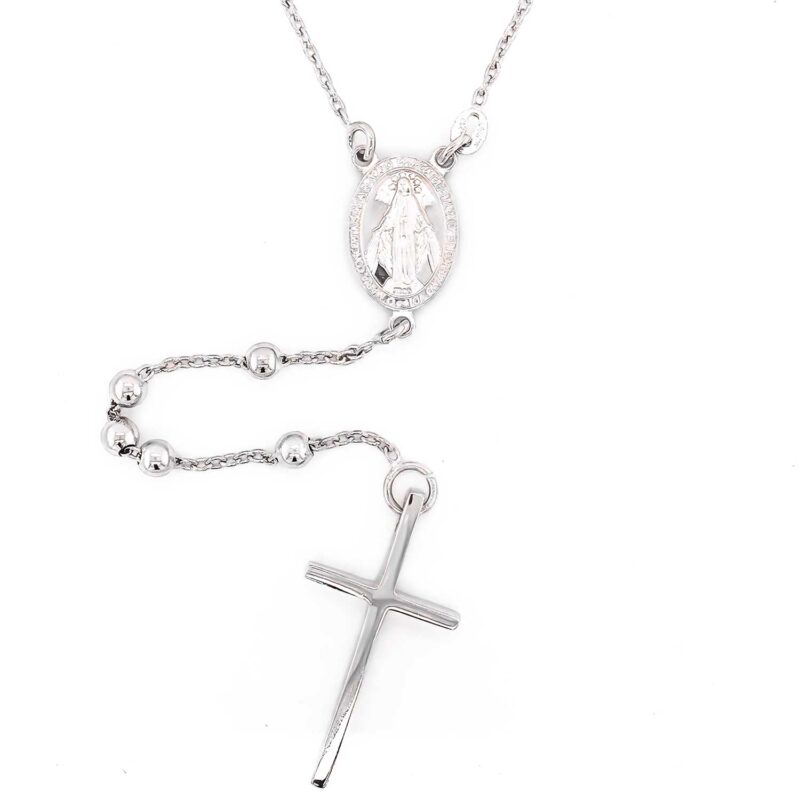(ROS042) 60cm Rhodium Plated Sterling Silver Rosary Necklace