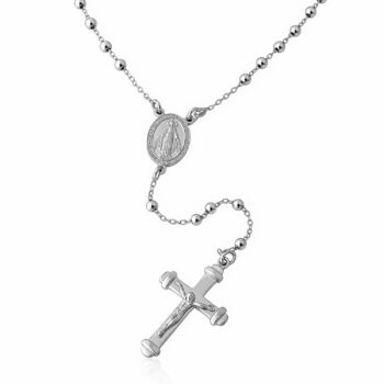 (ROS044) 60cm Rhodium Plated Sterling Silver Rosary Necklace