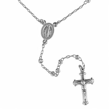 (ROS051) 3mm Moon Cut Rhodium Plated Sterling Silver Rosary Necklace With Crucifix Cross