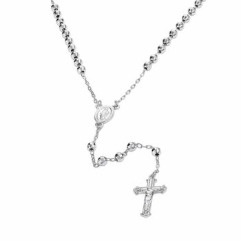 (ROS061) 4mm Diamond Cut Rhodium Plated Sterling Silver Rosary Necklace With Crucifix Cross