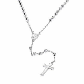 (ROS063) 4mm Diamond Cut Rhodium Plated Sterling Silver Rosary Necklace With Cross