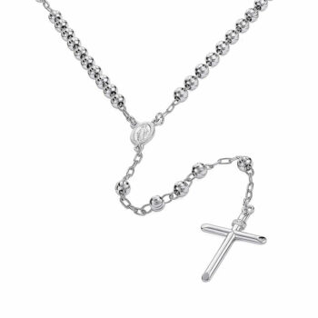 (ROS070) 5mm Moon Cut Rhodium Plated Sterling Silver Rosary Necklace With Cross